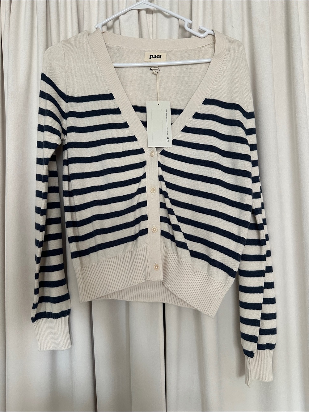 PACT Organic Cotton Striped V-Neck Cardigan Sweater Cream Navy S NWT